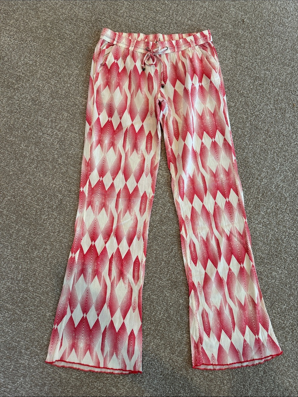 Roxy Pink & White Wide-Leg Diamond-Print Pants